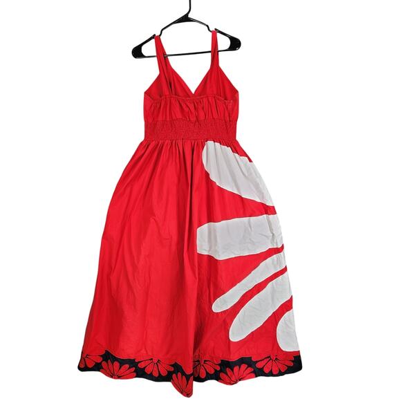 eShakti Maxi Flower Dress 1X 18W Red White Pocket Cotton Surplice Neck Smocked - Picture 2 of 11